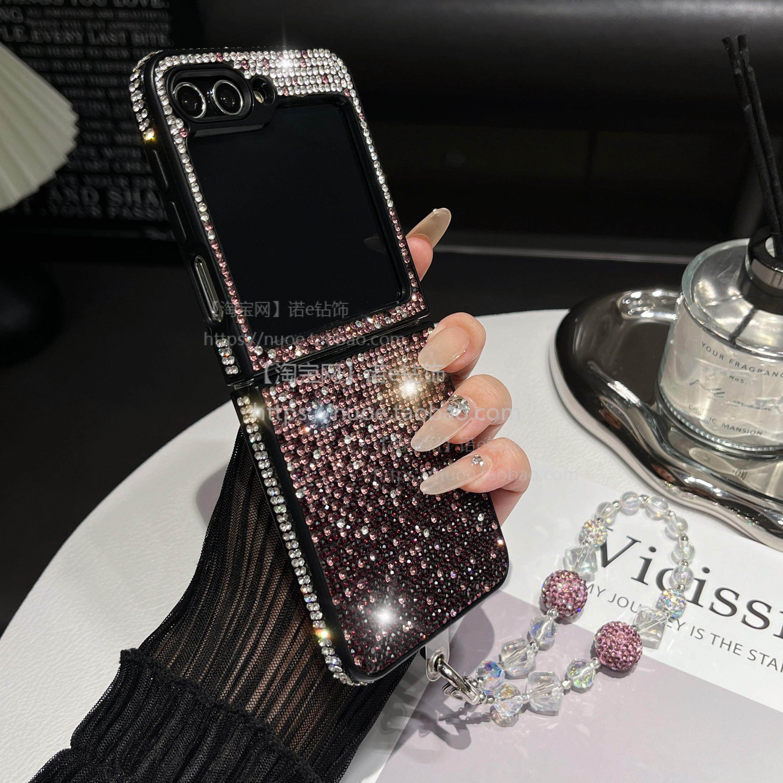 适用于三星samsung zflip6渐变满钻手机壳新款zflip5折叠镶钻zflip4闪钻圆球手提链潮流zflip7 phone case