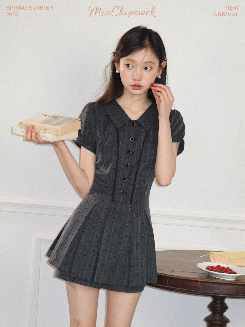 Model wearing a dark gray collared button-front pleated dress