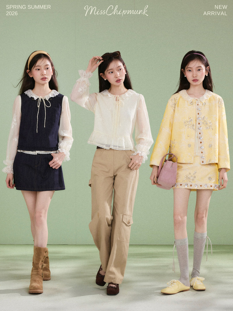 Three models wearing spring-summer fashion outfits in different colors with a new arrival promo layout.