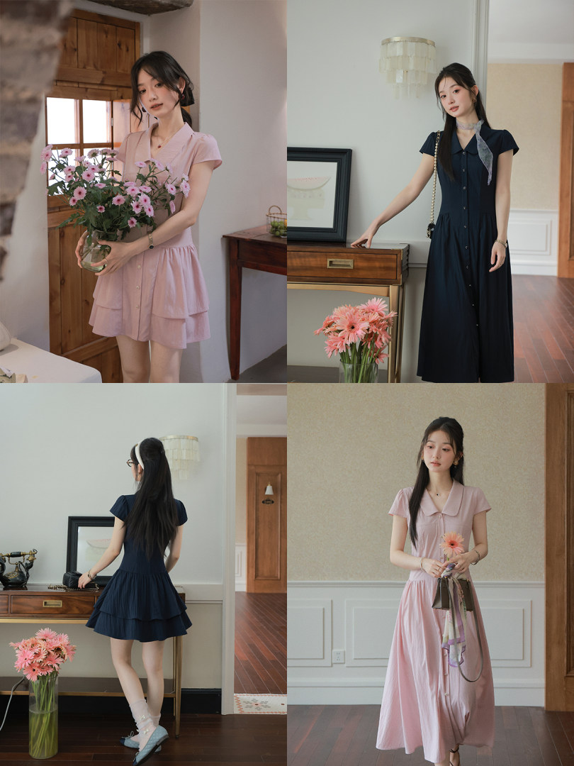 Collage of models wearing feminine dresses in pink and navy