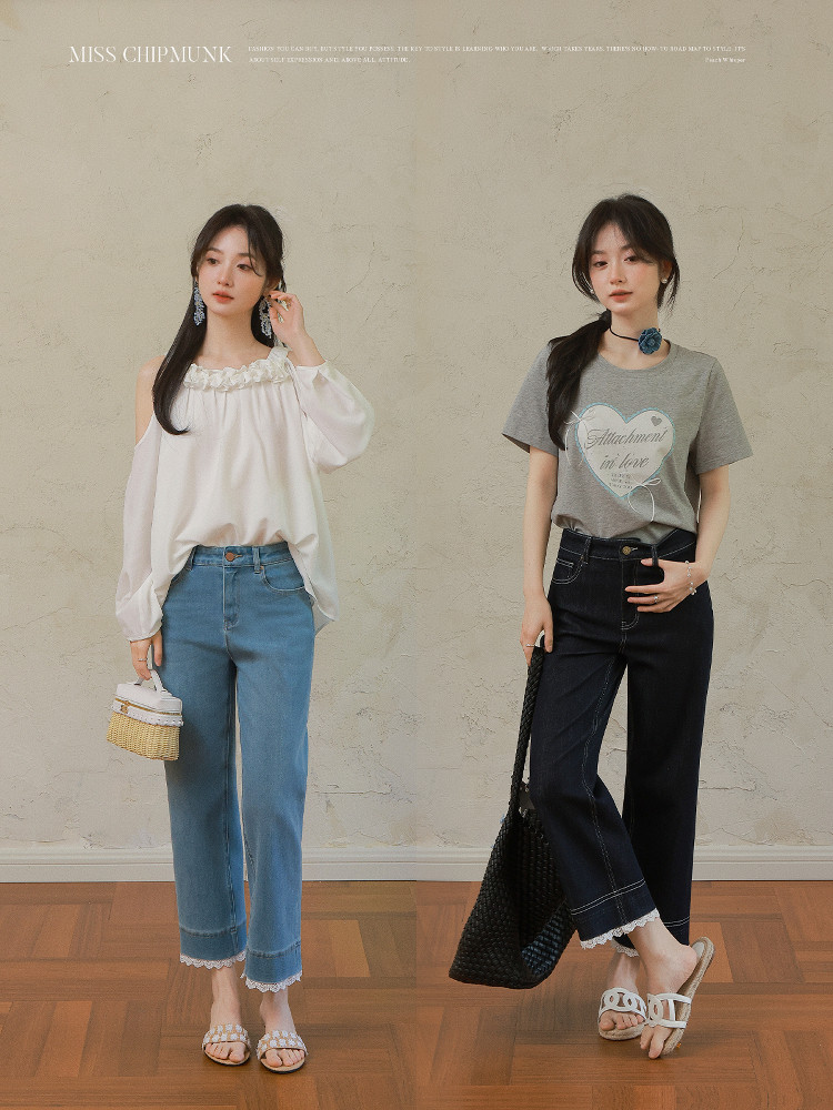 Two models wearing casual tops and jeans in a fashion outfit photo
