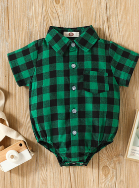 新生儿棉纱格子衬衣2023男百搭夏款包庇衣时尚翻领帅气短袖衬衫潮