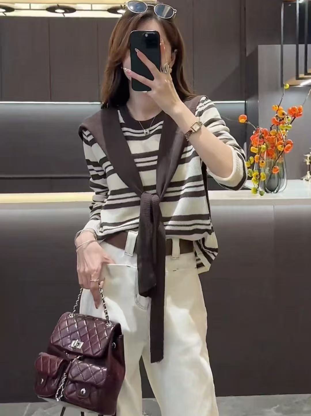 早秋慵懒风薄款条纹针织衫女2025新款春秋款带披肩长袖针织上衣女
