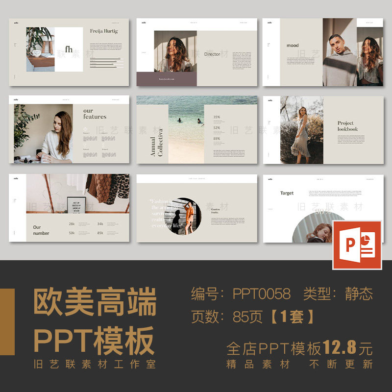 PPT模板 莫兰迪风格时尚文艺复古极简杂志服装摄影作品集产品画册