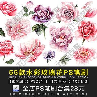 ps玫瑰笔刷水彩玫瑰花手绘鲜花植物叶子花卉花瓣花朵素材库PSD01