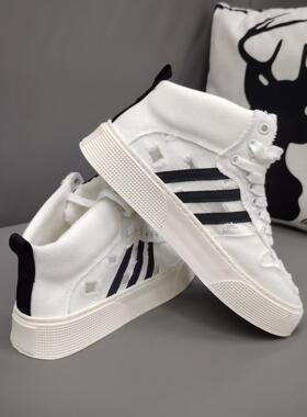 三道杠高帮板鞋夏季新款网面镂空布面透气鞋子男超火百搭帆布男鞋