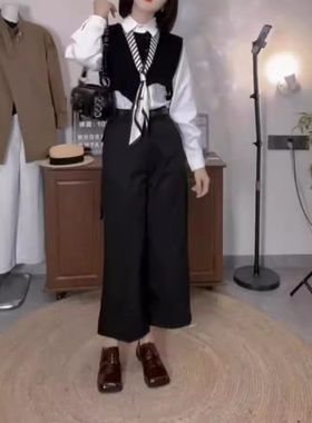 24825大爱美依缘2025新款翻领长袖衬衫洋气短马甲休闲阔腿裤女潮