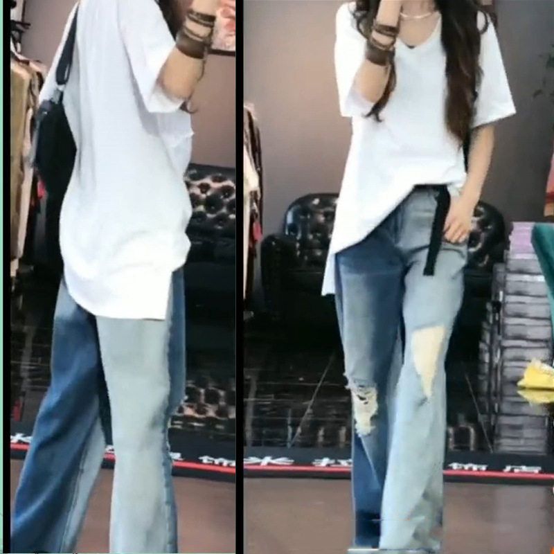 强147时尚休闲破洞牛仔阔腿裤+白色棉T套装2025年夏秋新款