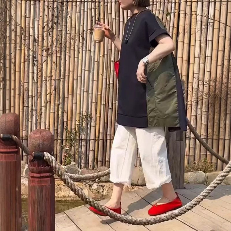 25208大爱美依缘2025夏季新欧货拼接中长款宽松上衣休闲阔腿裤女