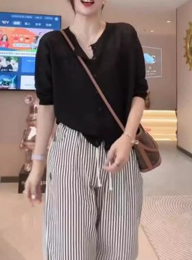 24978大爱美依缘2025秋季新款时尚纯色长袖宽松上衣条纹休闲裤女