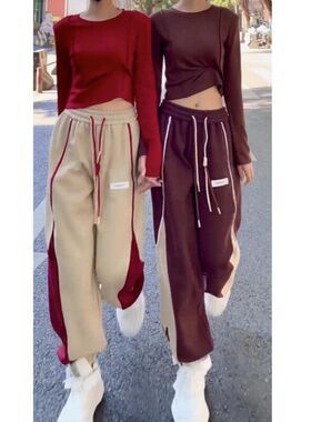 22909大爱美依缘2024冬季新款高腰休闲卫裤拼色洋气宽松显瘦女裤