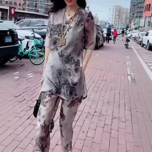 24526大爱美依缘2024夏季新款新中式国风时尚短袖套装印花显瘦女