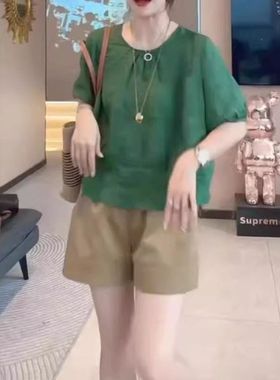 24279大爱美依缘2024夏季新款简约宽松减龄上衣高腰阔腿短裤女装