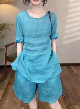24531大爱美依缘2024夏季新款圆领宽松盘扣苎麻上衣阔腿裤套装女