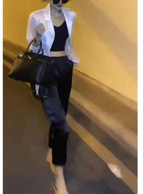 23021大爱美依缘2024夏季新款港风缎面网纱西装防晒外套哈伦裤女