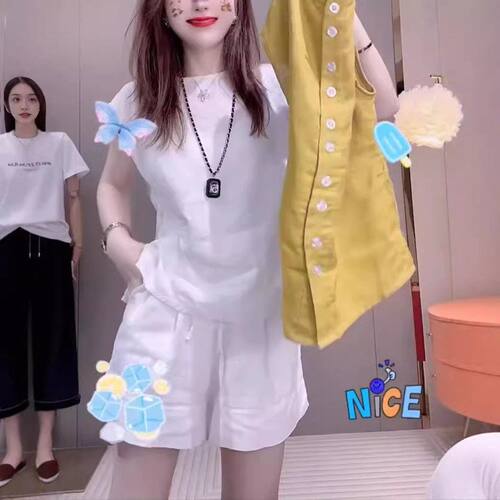 23677大爱美依缘2025夏季新款时尚后背单排扣上衣高腰阔腿短裤女
