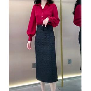 黑色高腰半身裙女装 9831大爱美依缘2024秋季 打底衫 红色灯笼袖 新款