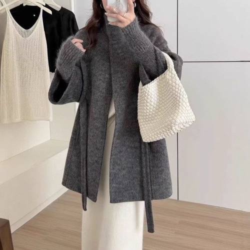 ZY2598大爱美依缘2025秋季新款中长款宽松显瘦立领系带毛呢外套女