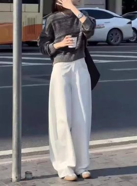 24736大爱美依缘2025秋季新款复古灰色圆领长袖上衣高腰阔腿裤女