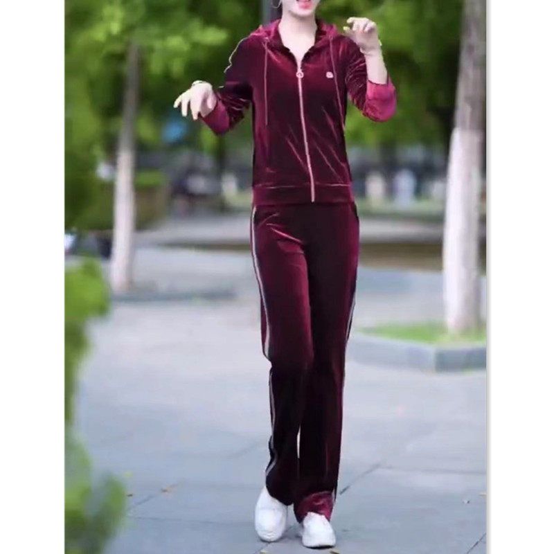22802大爱美依缘2024秋冬新款丝绒连帽开衫休闲长裤时尚套装显瘦