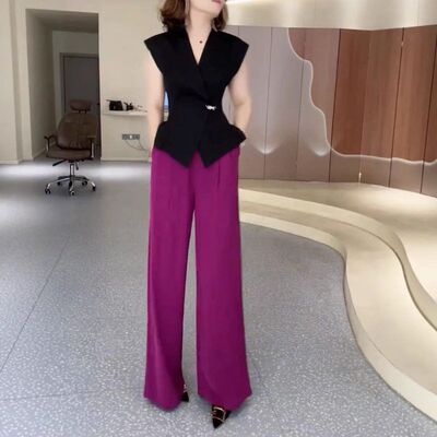 25561大爱美依缘2025夏季新款御姐风黑色马甲上衣直筒长裤显瘦女