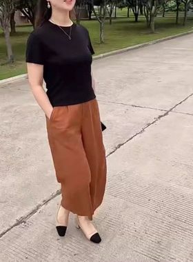 24660大爱美依缘2025夏季新款纯色圆领短袖T恤高腰阔腿裤洋气显瘦