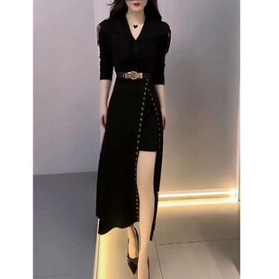 23610大爱美依缘2024春季新款名媛御姐洋气修身开叉长款连衣裙女