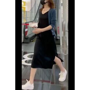 9737大爱美依缘2026秋季新款黑色修身连衣裙长袖开衫外套女显瘦潮