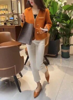 23690大爱美依缘2025秋季新款小香风炸街设计感橘色女士短外套潮