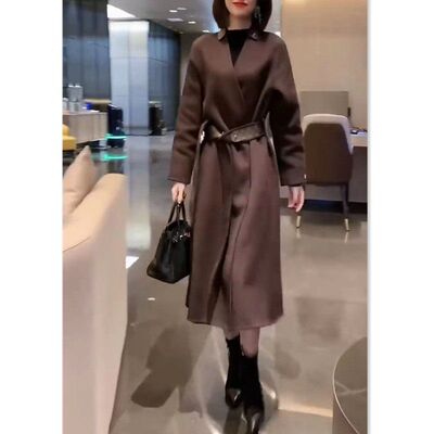 88008大爱美依缘2024秋冬新款时尚呢子大衣女咖色中长款显瘦外套