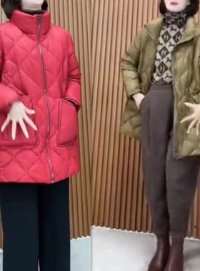 88119大爱美依缘2024冬季新款菱形格休闲宽松A字中长款棉服外套女