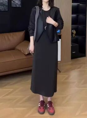 24772大爱美依缘2025秋季新款简约宽松中长款连衣裙搭马甲洋气女