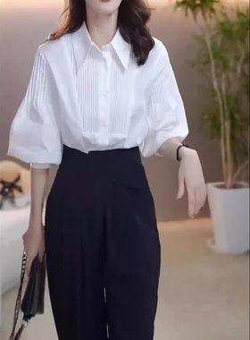 24680大爱美依缘2024秋季新款高级压褶翻领衬衫时尚高腰阔腿裤女