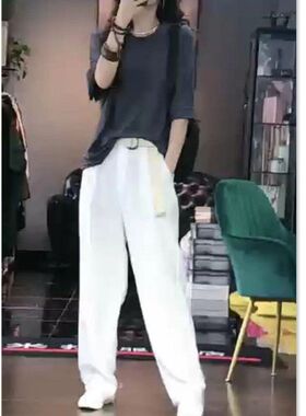 88373大爱美依缘2024春夏新款宽松圆领T恤白色直筒长裤时尚女潮