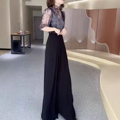 25190大爱美依缘2025新款时尚中袖薄款印花上衣高腰阔腿长裤洋气