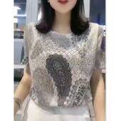 88510大爱美依缘2024春夏新款 宽松显瘦女 印花烫钻打底衫 短袖 数码