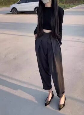 24713大爱美依缘2025秋季新款纯色长袖短款打底衫高腰休闲裤女装