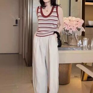 新款 高腰阔腿裤 韩版 条纹打底衫 洋气 无袖 24366大爱美依缘2025夏季