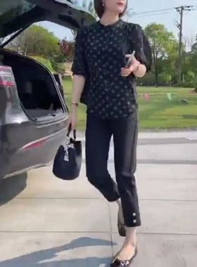 88567大爱美依缘2025夏季新款波点圆领短袖上衣时尚黑裤女显瘦潮