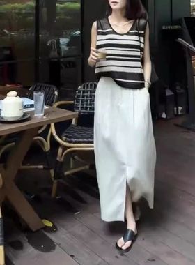 70097大爱美依缘2025新款韩版时尚无袖条纹背心高腰开叉半身裙女