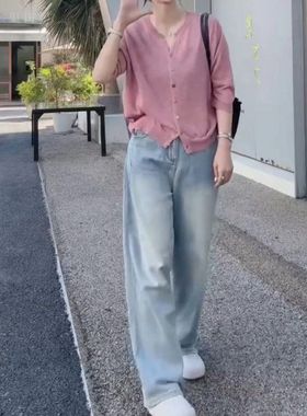 24893大爱美依缘2025秋季新款简约净版宽松外套高腰直筒牛仔裤女