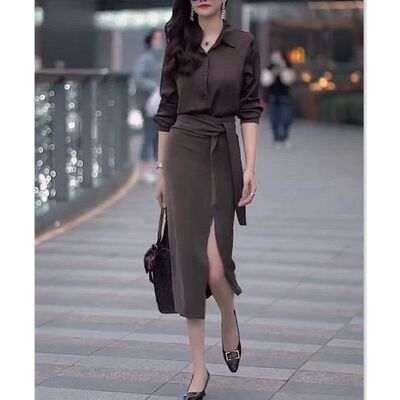 88306大爱美依缘2024春季新款显瘦衬衫+前开叉包臀半身裙时尚女