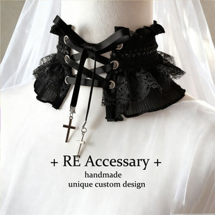 RE亚文化交叉蕾丝项链哥特ins十字架暗黑颈饰绑带弹力腿环