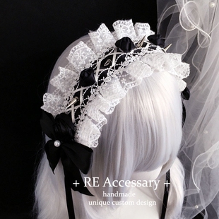 亚文化原创手作发带铆钉发饰暗黑系玫瑰蕾丝蝴蝶结水色lolita头箍