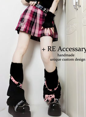 RE原创设计ins针织黑色腿套Y2K堆堆袜袜套暗黑亚文化黑粉蝴蝶结