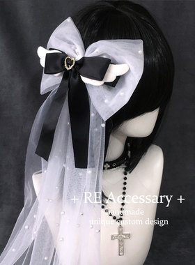 RE自制亚文化哥特黑色翅膀蝴蝶结披纱发夹水蓝色头纱