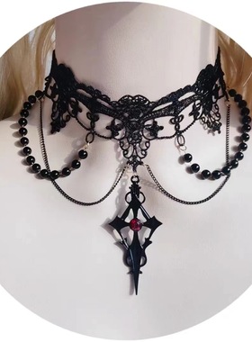 暗黑lolita洛丽塔哥特多层十字吊坠蕾丝项圈亚文化甜酷choker项链