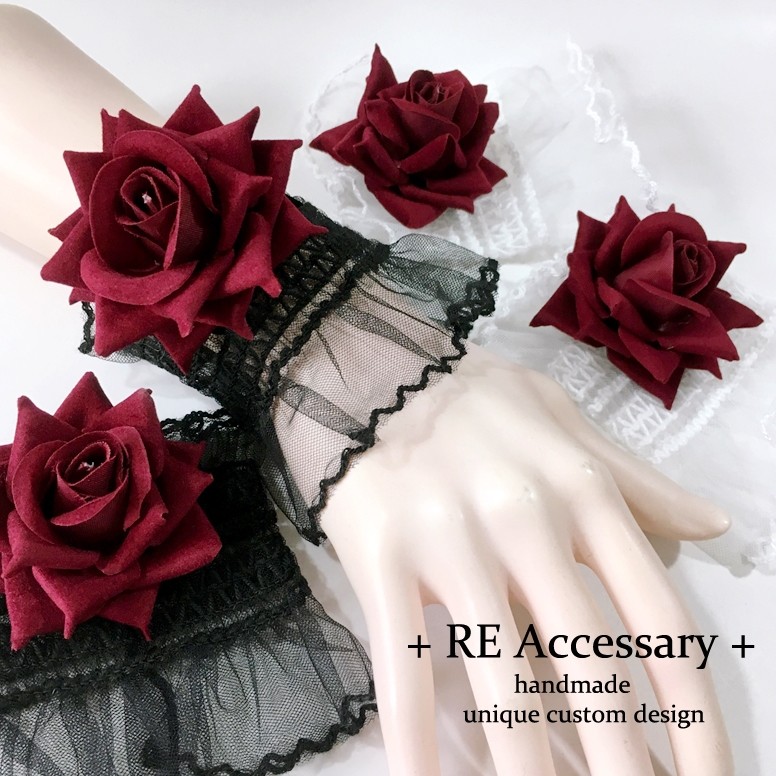 暗黑lolita少女蕾丝手腕套手袖女酒红色玫瑰花袖套手腕花