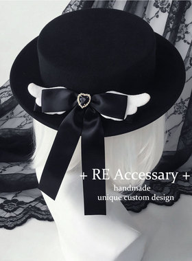 RE原创日蕾系蝴蝶结翅膀法式礼帽lolita哥特黑色英伦礼帽平檐帽