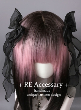 RE亚文化少女黑色雪纱蝴蝶结长飘带发夹Y2K水色纱大蝴蝶结发饰